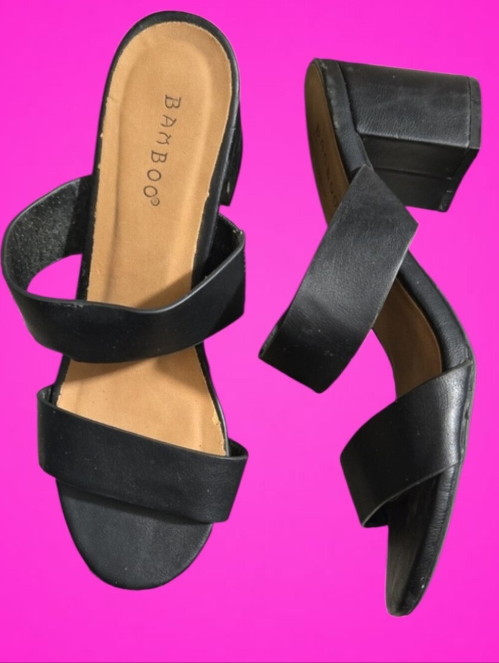 BAMBOO Black Double Strap Block Heel Mules